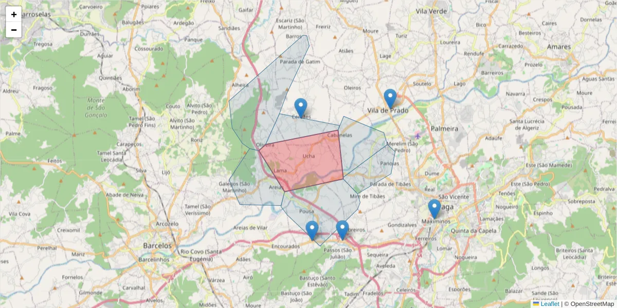 Mapa detalhado do código postal 4750-769 com limites, códigos postais vizinhos e agências dos correios