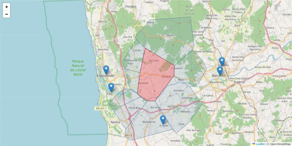 Mapa detalhado do código postal 4750-792 com limites, códigos postais vizinhos e agências dos correios
