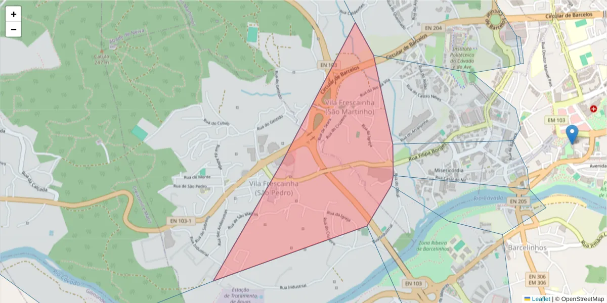 Mapa detalhado do código postal 4750-850 com limites, códigos postais vizinhos e agências dos correios