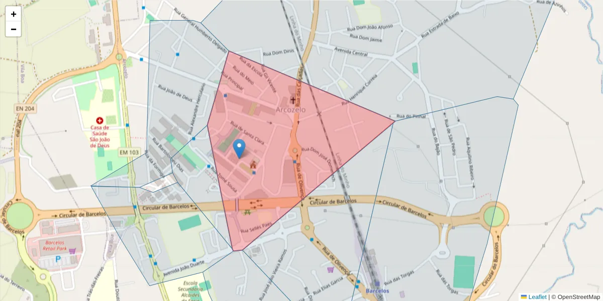 Mapa detalhado do código postal 4750-998 com limites, códigos postais vizinhos e agências dos correios