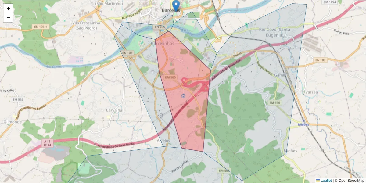 Mapa detalhado do código postal 4755-056 com limites, códigos postais vizinhos e agências dos correios