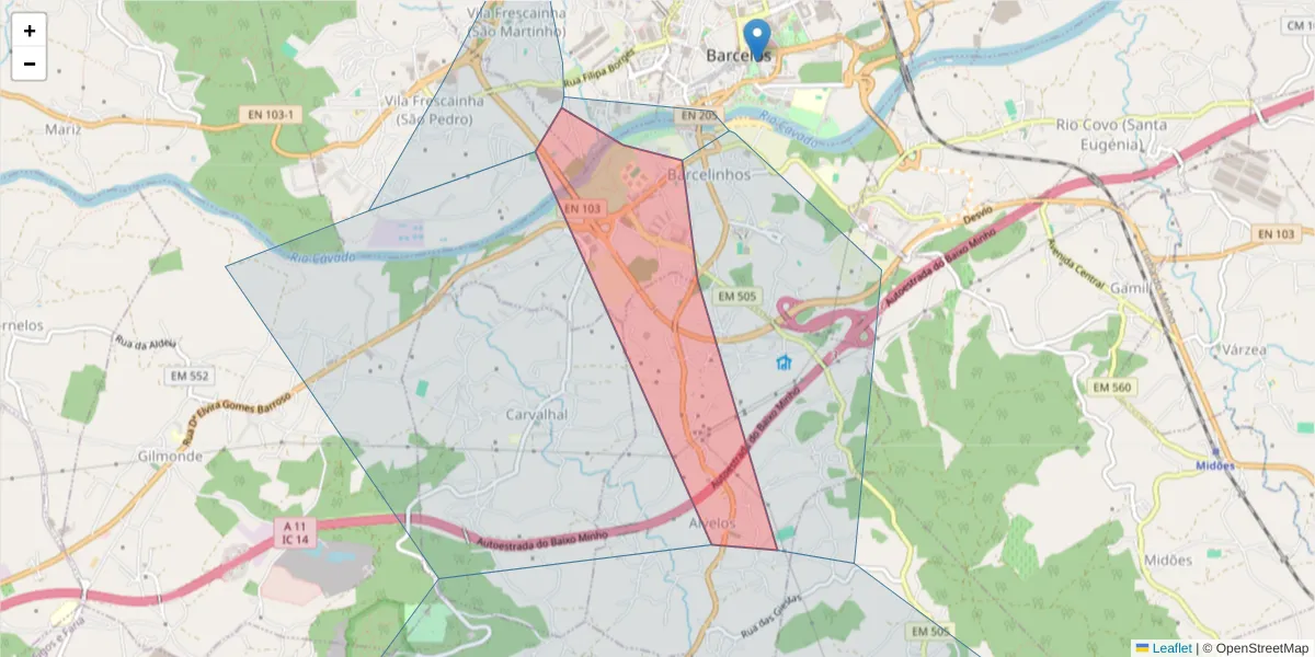 Mapa detalhado do código postal 4755-058 com limites, códigos postais vizinhos e agências dos correios