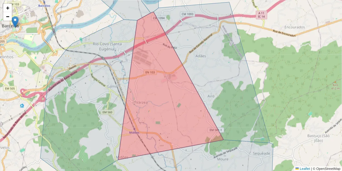 Mapa detalhado do código postal 4755-522 com limites, códigos postais vizinhos e agências dos correios