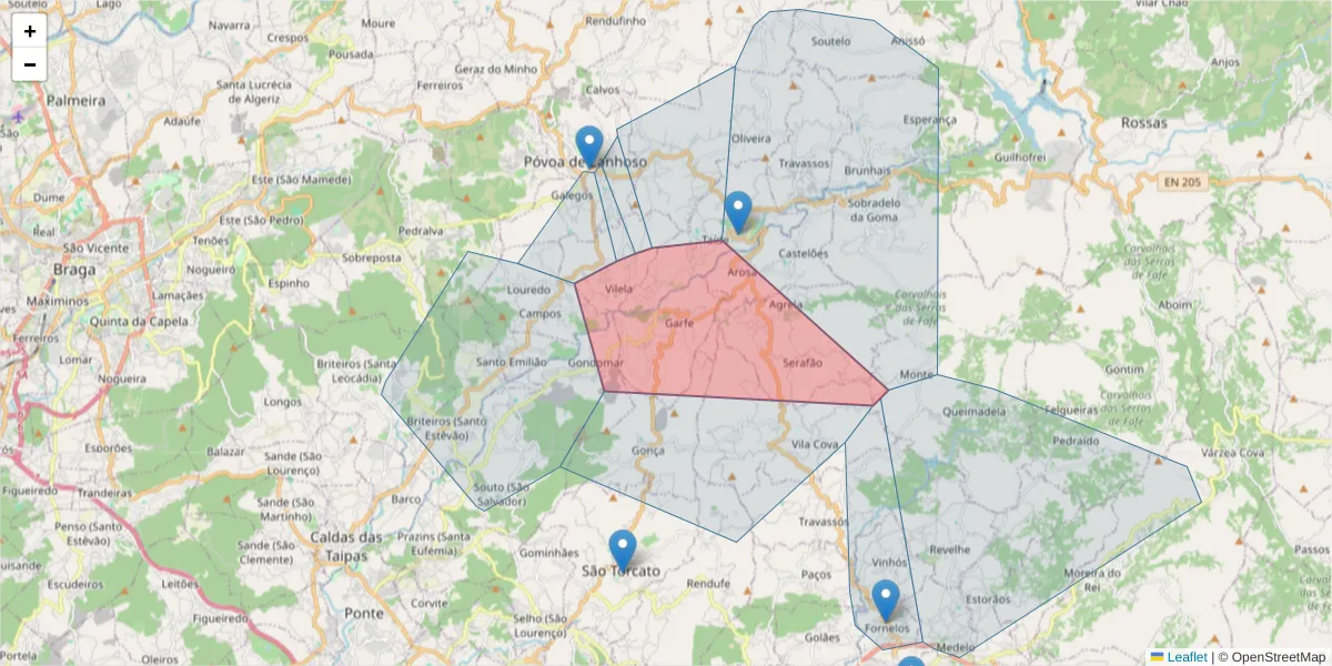 Mapa detalhado do código postal 4830-291 com limites, códigos postais vizinhos e agências dos correios