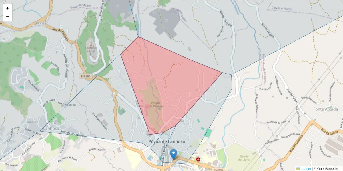 Mapa detalhado do código postal 4830-513 com limites, códigos postais vizinhos e agências dos correios