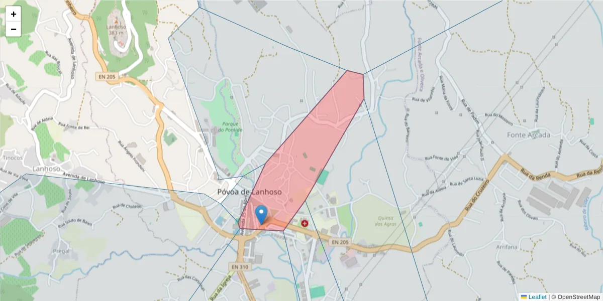 Mapa detalhado do código postal 4830-520 com limites, códigos postais vizinhos e agências dos correios