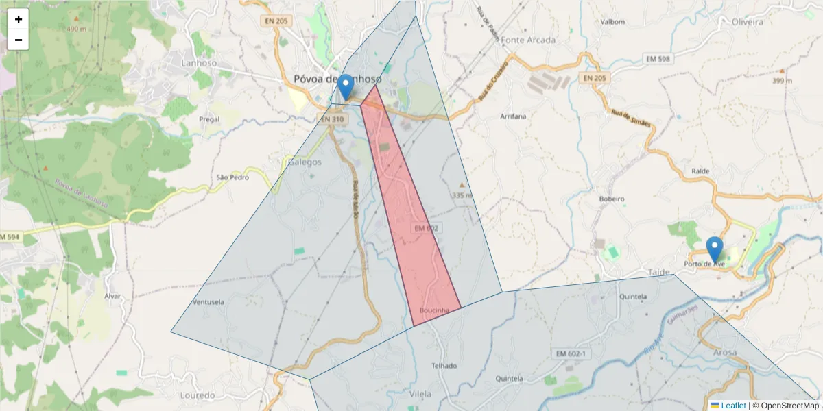 Mapa detalhado do código postal 4830-538 com limites, códigos postais vizinhos e agências dos correios