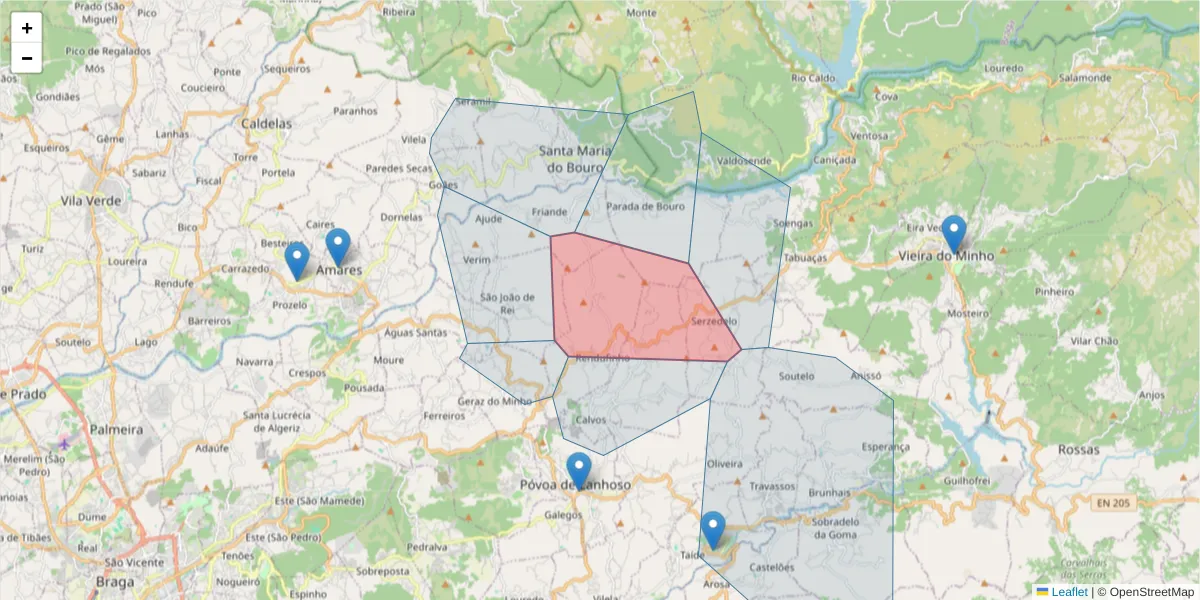 Mapa detalhado do código postal 4830-628 com limites, códigos postais vizinhos e agências dos correios
