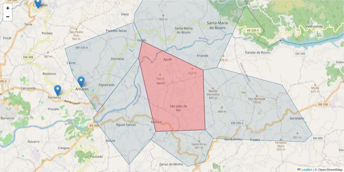Mapa detalhado do código postal 4830-671 com limites, códigos postais vizinhos e agências dos correios
