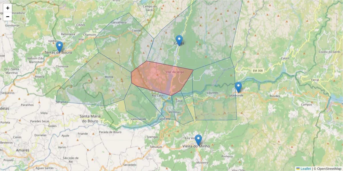 Mapa detalhado do código postal 4845 com limites, códigos postais vizinhos e agências dos correios