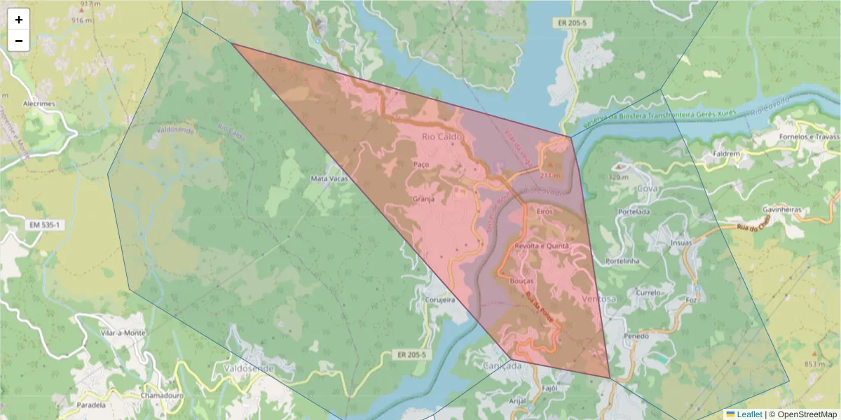 Mapa detalhado do código postal 4850-451 Ponte - Ventosa com limites, códigos postais vizinhos e agências dos correios