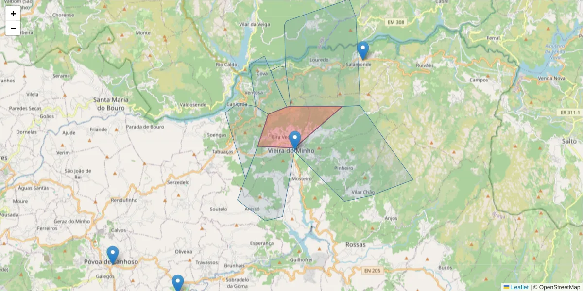 Mapa detalhado do código postal 4850-523 com limites, códigos postais vizinhos e agências dos correios