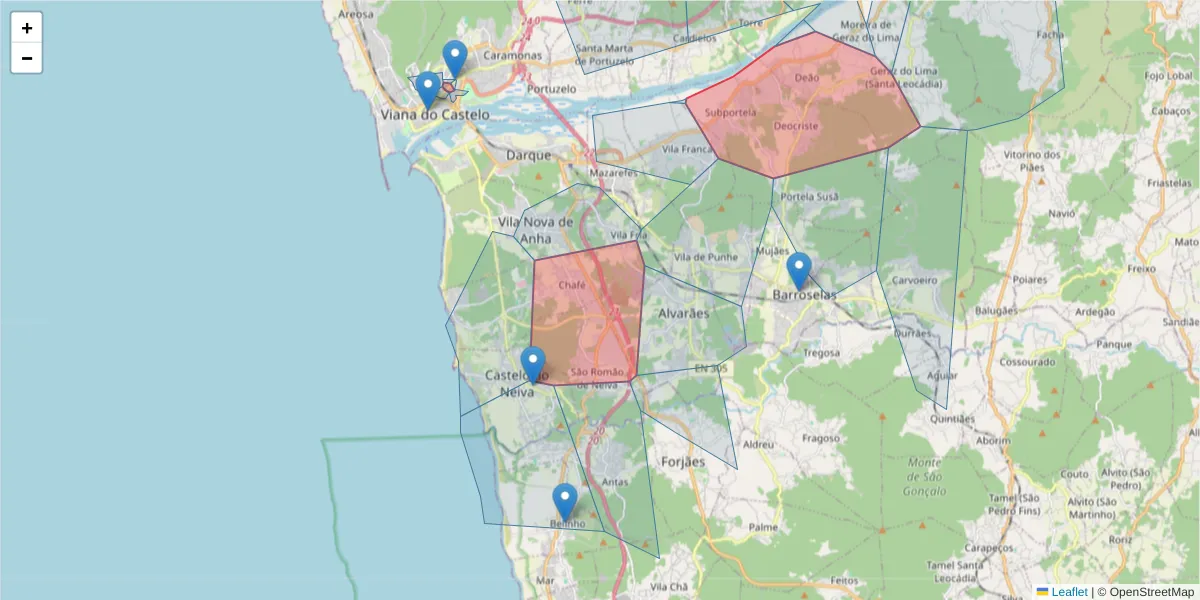 Mapa detalhado do código postal 4900-000 com limites, códigos postais vizinhos e agências dos correios