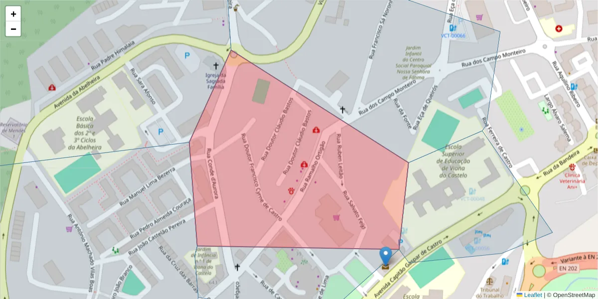 Mapa detalhado do código postal 4900-415 com limites, códigos postais vizinhos e agências dos correios