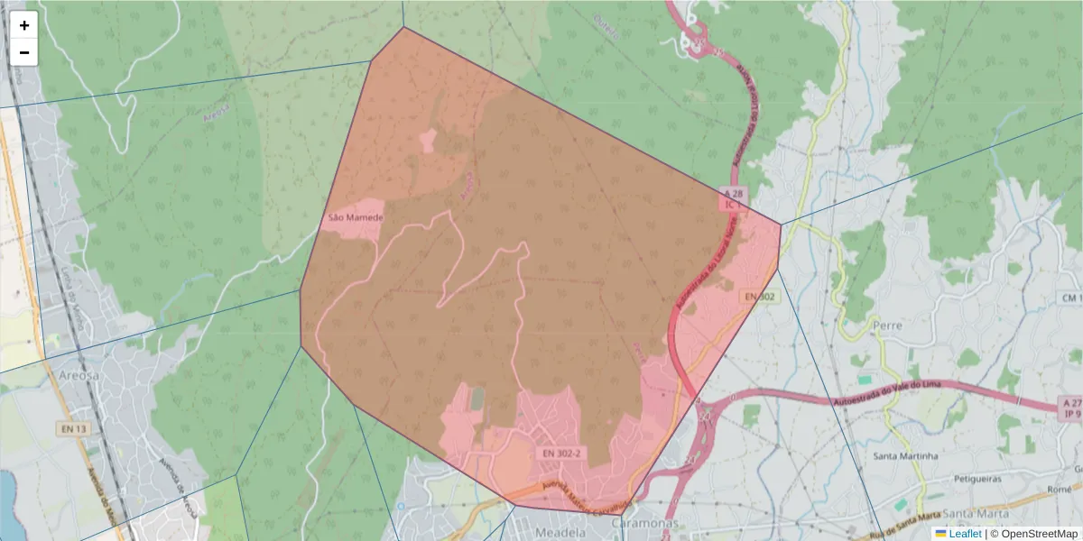 Mapa detalhado do código postal 4900-675 com limites, códigos postais vizinhos e agências dos correios