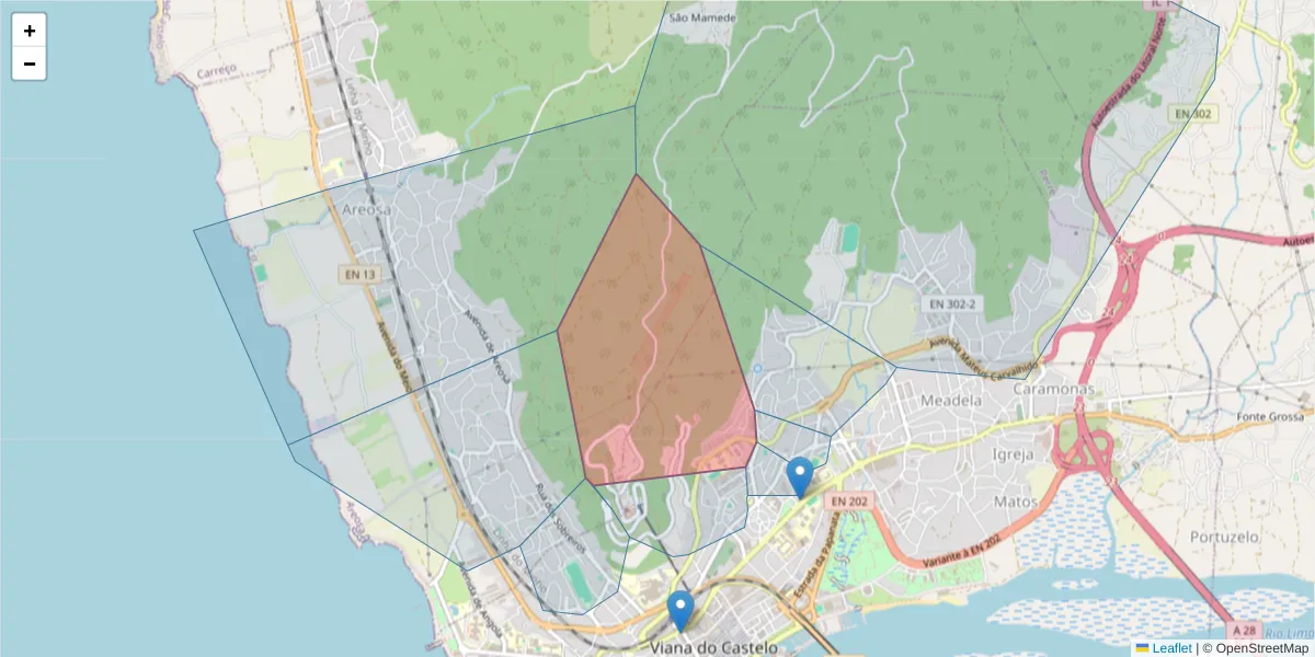Mapa detalhado do código postal 4900-926 com limites, códigos postais vizinhos e agências dos correios