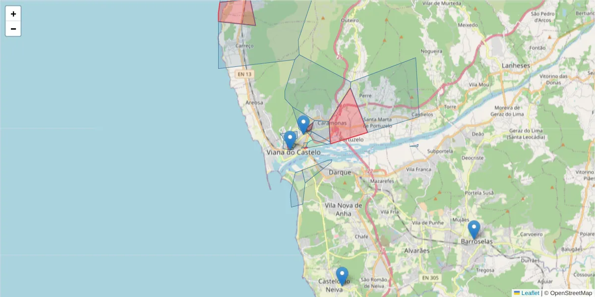 Mapa detalhado do código postal 4900 com limites, códigos postais vizinhos e agências dos correios
