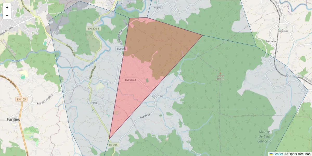 Mapa detalhado do código postal 4905-082 com limites, códigos postais vizinhos e agências dos correios