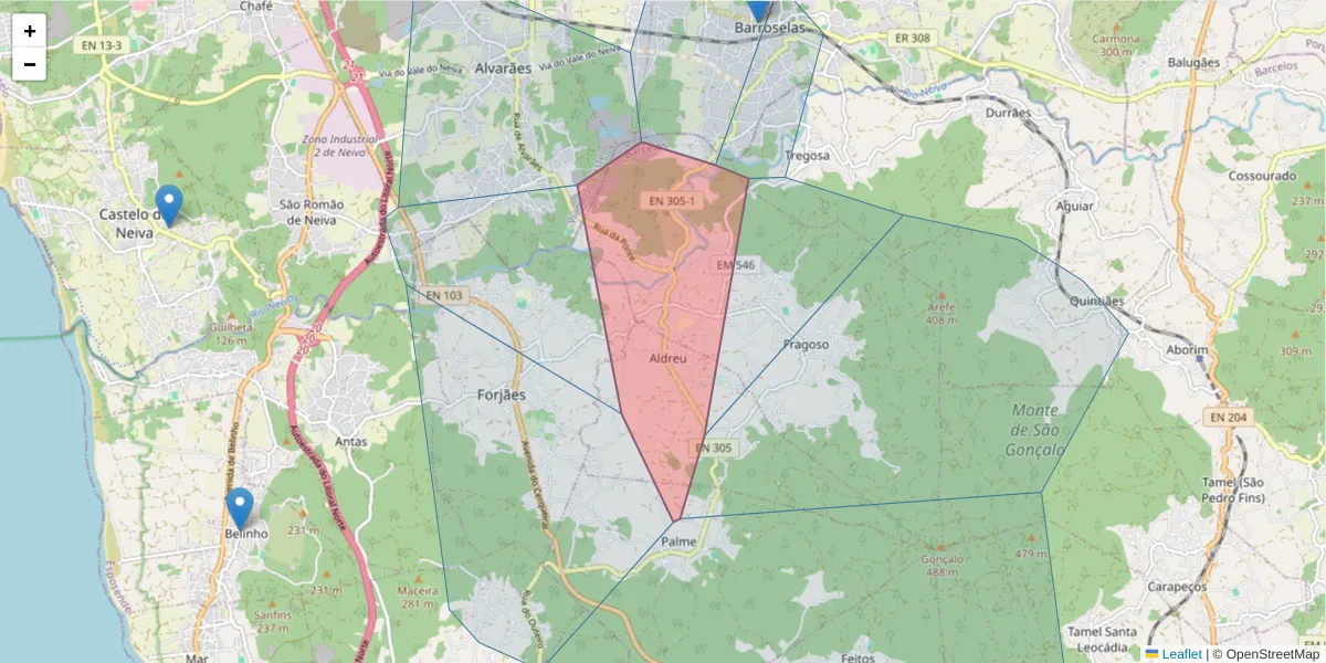 Mapa detalhado do código postal 4905-106 com limites, códigos postais vizinhos e agências dos correios