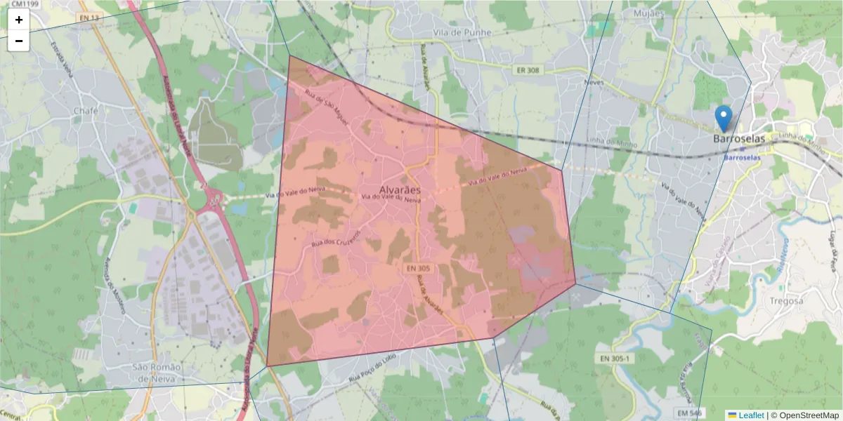 Mapa detalhado do código postal 4905-205 com limites, códigos postais vizinhos e agências dos correios