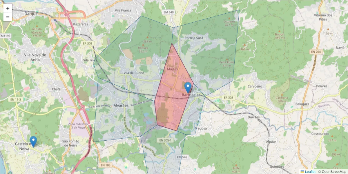 Mapa detalhado do código postal 4905-311 Barroselas com limites, códigos postais vizinhos e agências dos correios