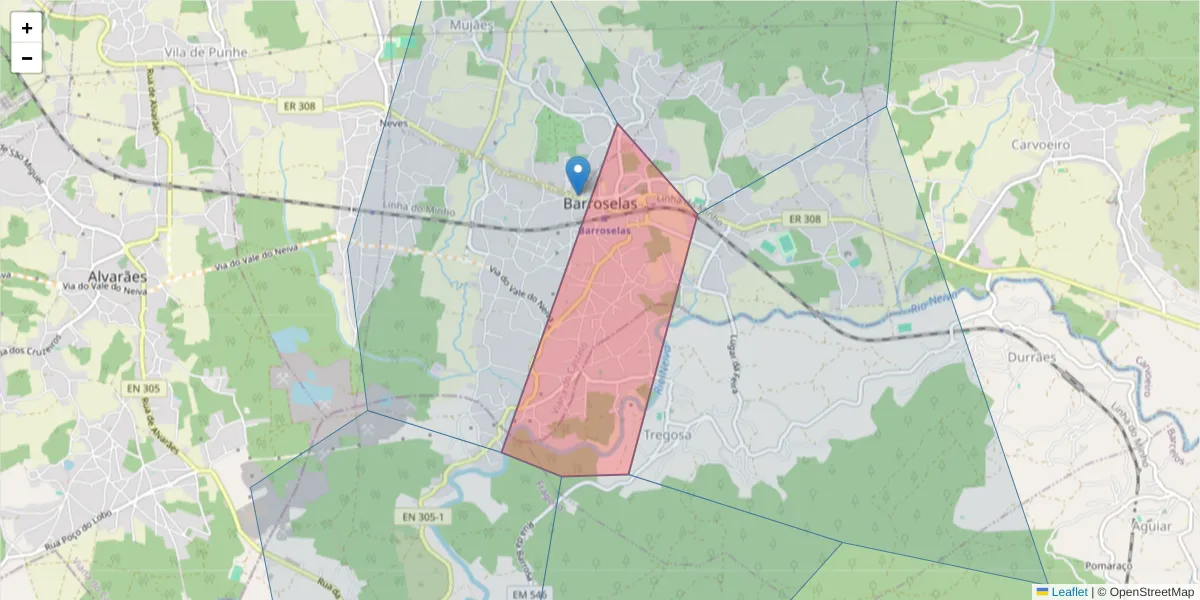Mapa detalhado do código postal 4905-312 com limites, códigos postais vizinhos e agências dos correios