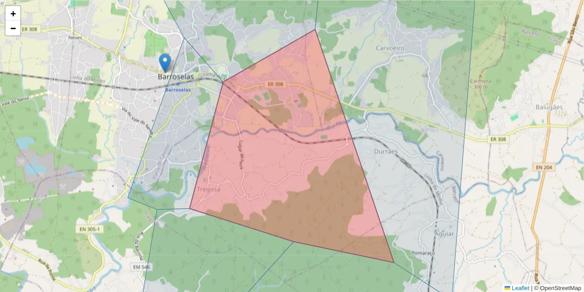 Mapa detalhado do código postal 4905-335 com limites, códigos postais vizinhos e agências dos correios