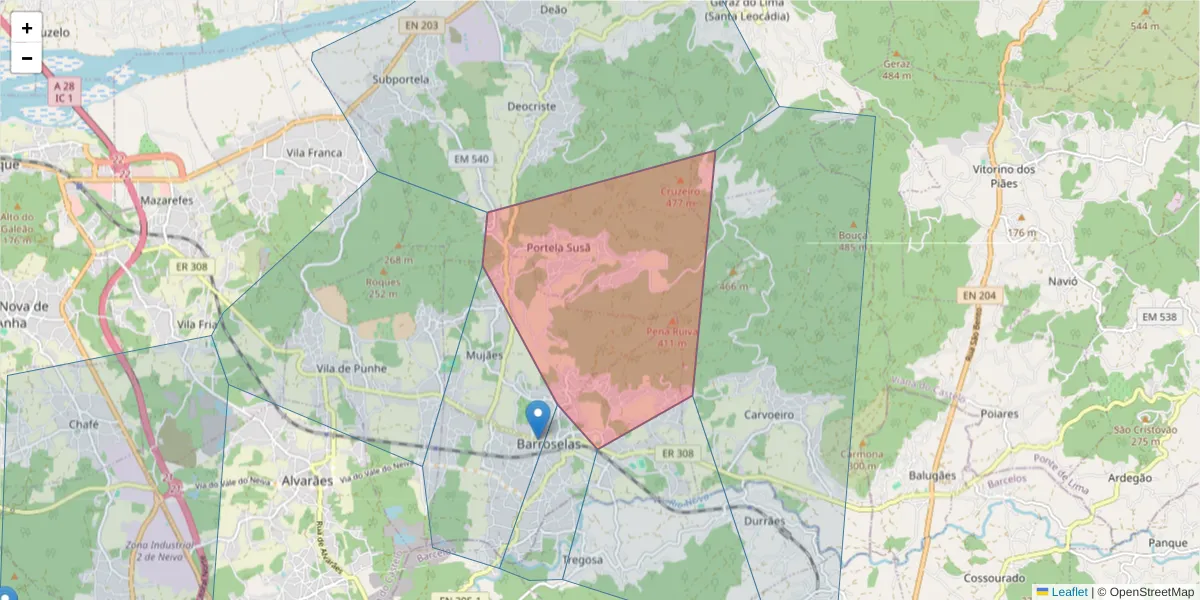 Mapa detalhado do código postal 4905-491 com limites, códigos postais vizinhos e agências dos correios