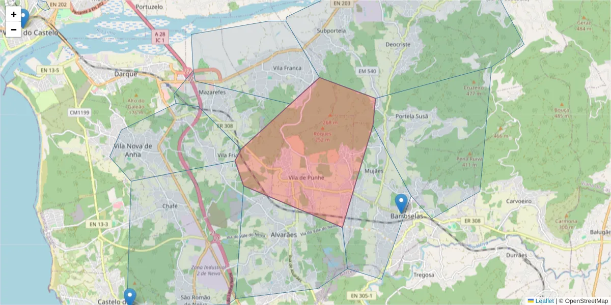 Mapa detalhado do código postal 4905-642 com limites, códigos postais vizinhos e agências dos correios