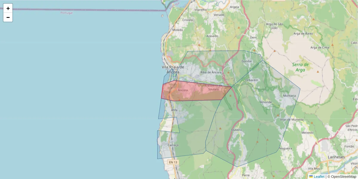 Mapa detalhado do código postal 4910-011 com limites, códigos postais vizinhos e agências dos correios