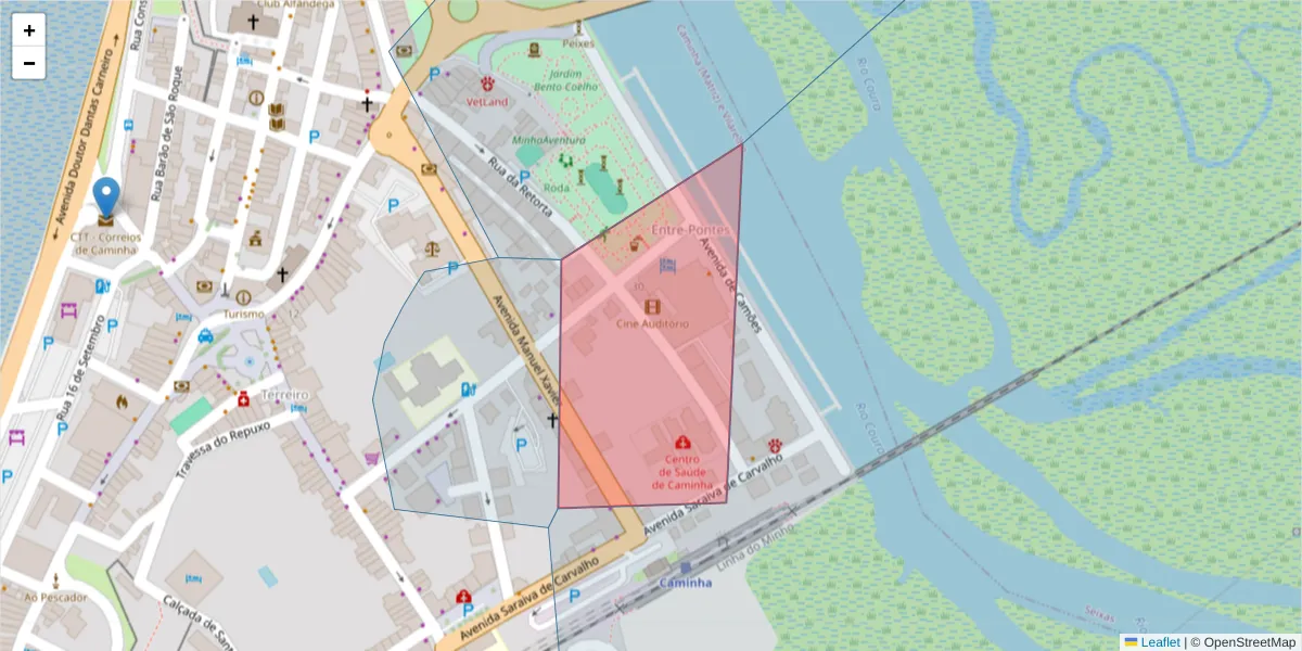 Mapa detalhado do código postal 4910-102 com limites, códigos postais vizinhos e agências dos correios