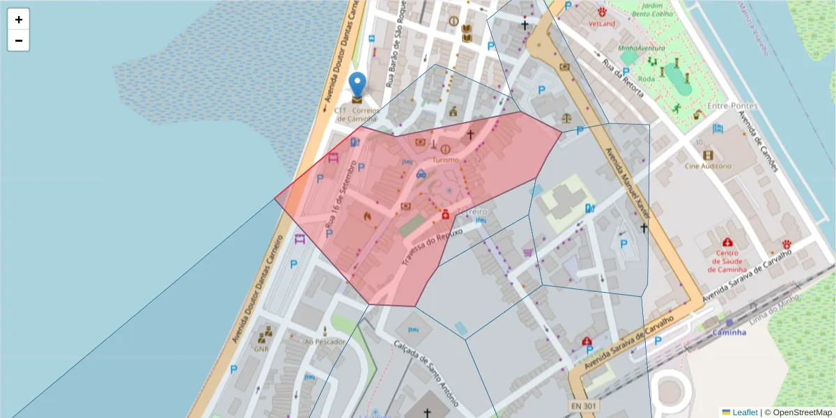 Mapa detalhado do código postal 4910-122 com limites, códigos postais vizinhos e agências dos correios