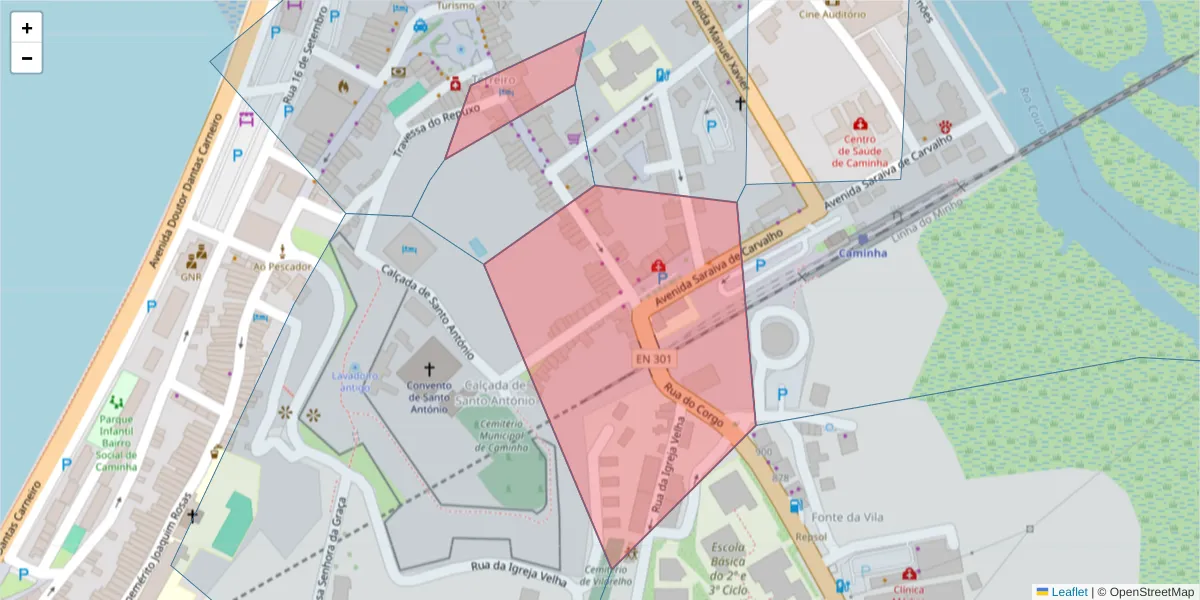 Mapa detalhado do código postal 4910-133 com limites, códigos postais vizinhos e agências dos correios