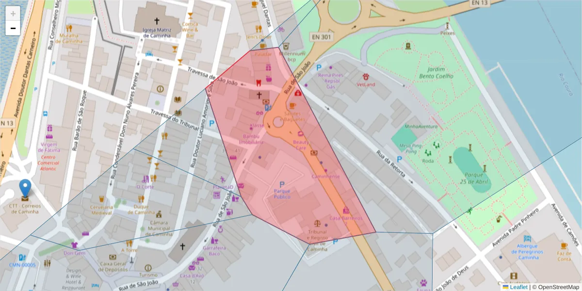 Mapa detalhado do código postal 4910-145 com limites, códigos postais vizinhos e agências dos correios