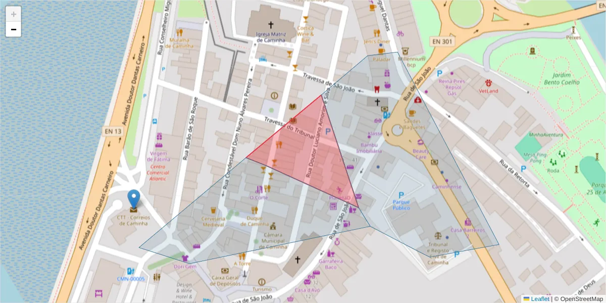 Mapa detalhado do código postal 4910-155 com limites, códigos postais vizinhos e agências dos correios