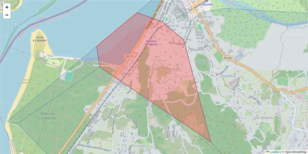 Mapa detalhado do código postal 4910-159 com limites, códigos postais vizinhos e agências dos correios