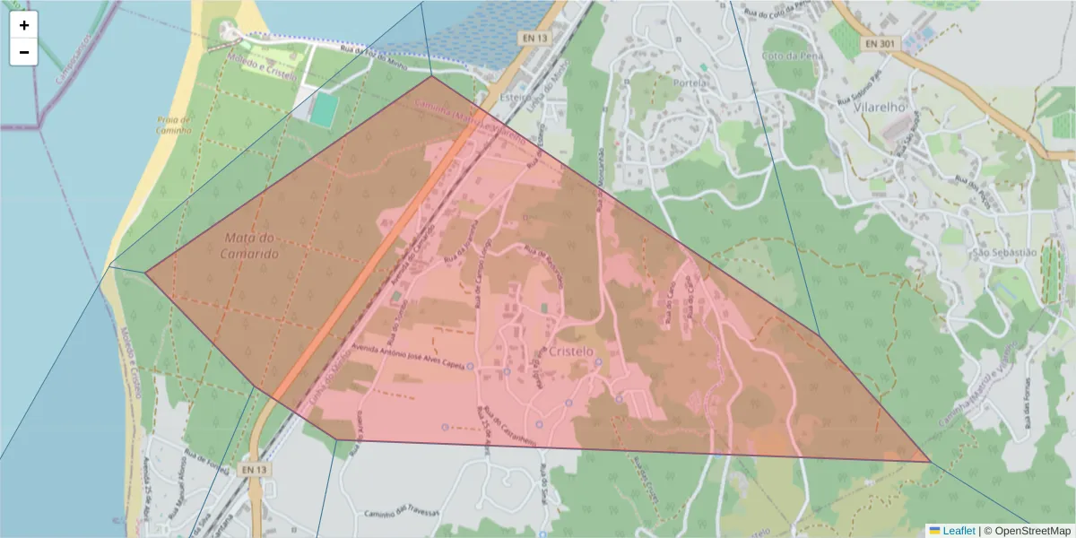 Mapa detalhado do código postal 4910-180 com limites, códigos postais vizinhos e agências dos correios