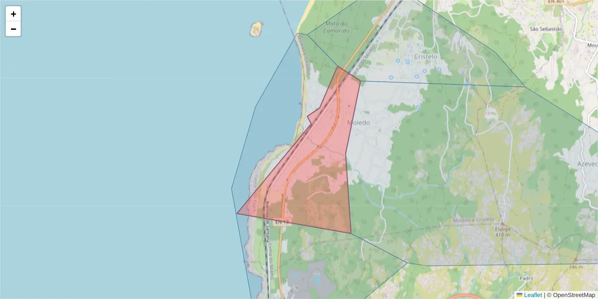 Mapa detalhado do código postal 4910-225 com limites, códigos postais vizinhos e agências dos correios