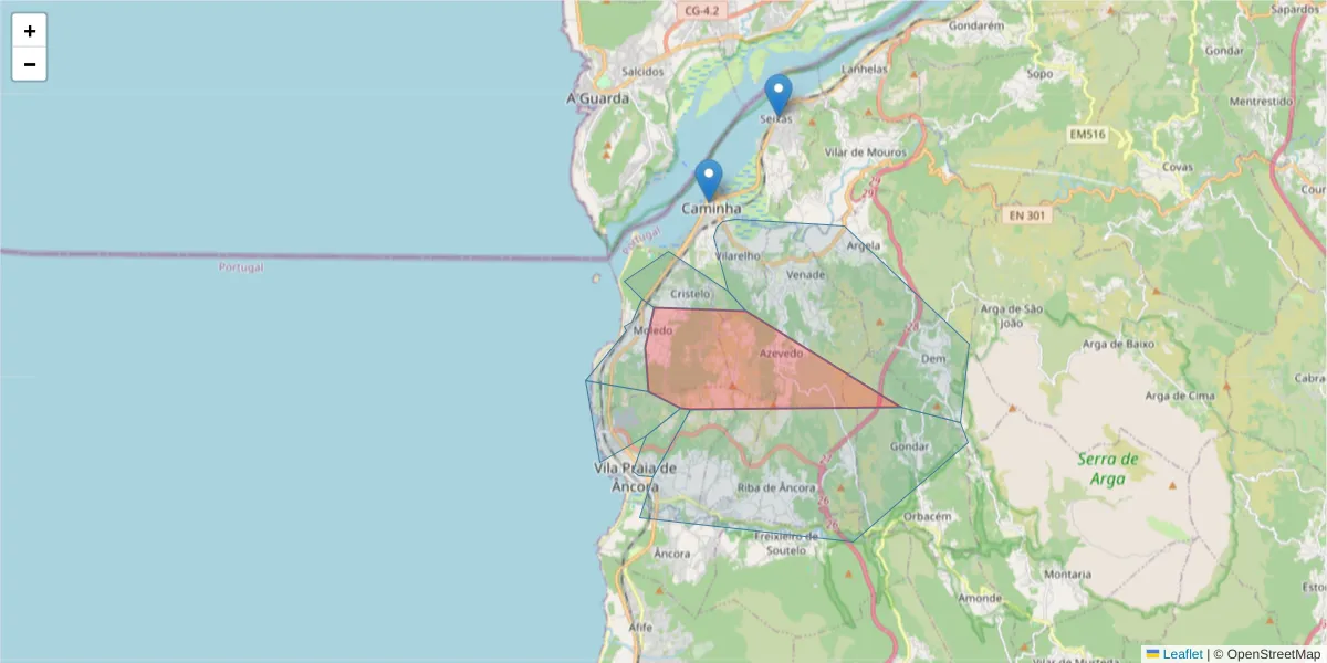 Mapa detalhado do código postal 4910-253 com limites, códigos postais vizinhos e agências dos correios