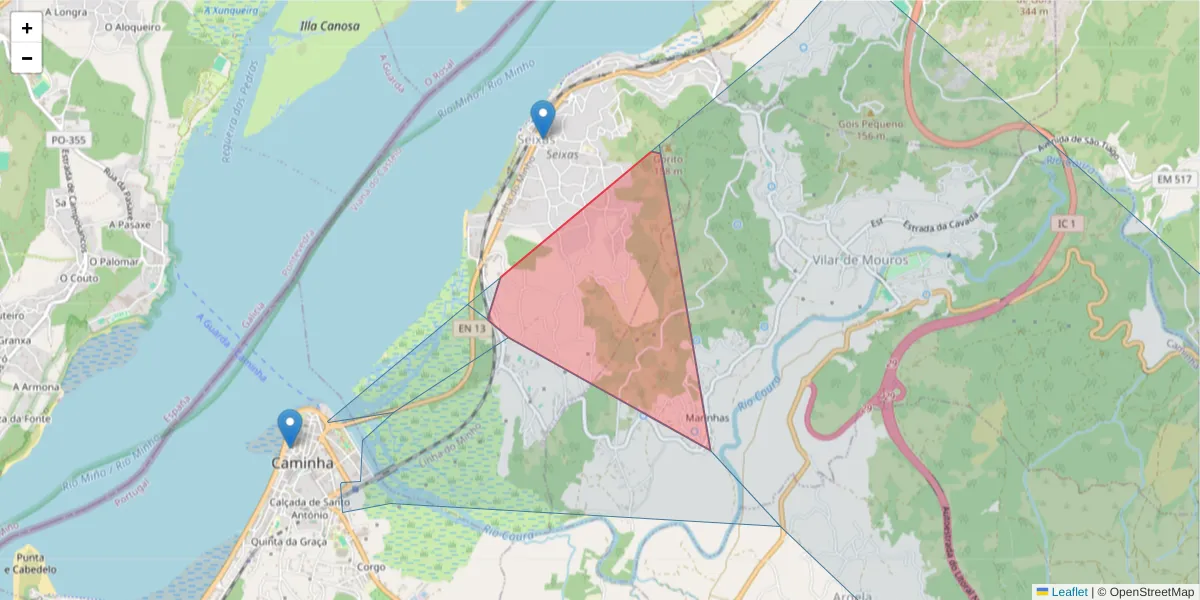 Mapa detalhado do código postal 4910-344 com limites, códigos postais vizinhos e agências dos correios