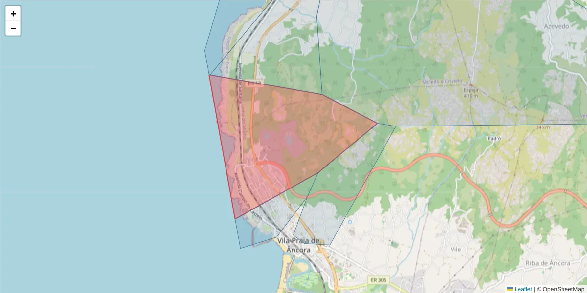 Mapa detalhado do código postal 4910-456 com limites, códigos postais vizinhos e agências dos correios