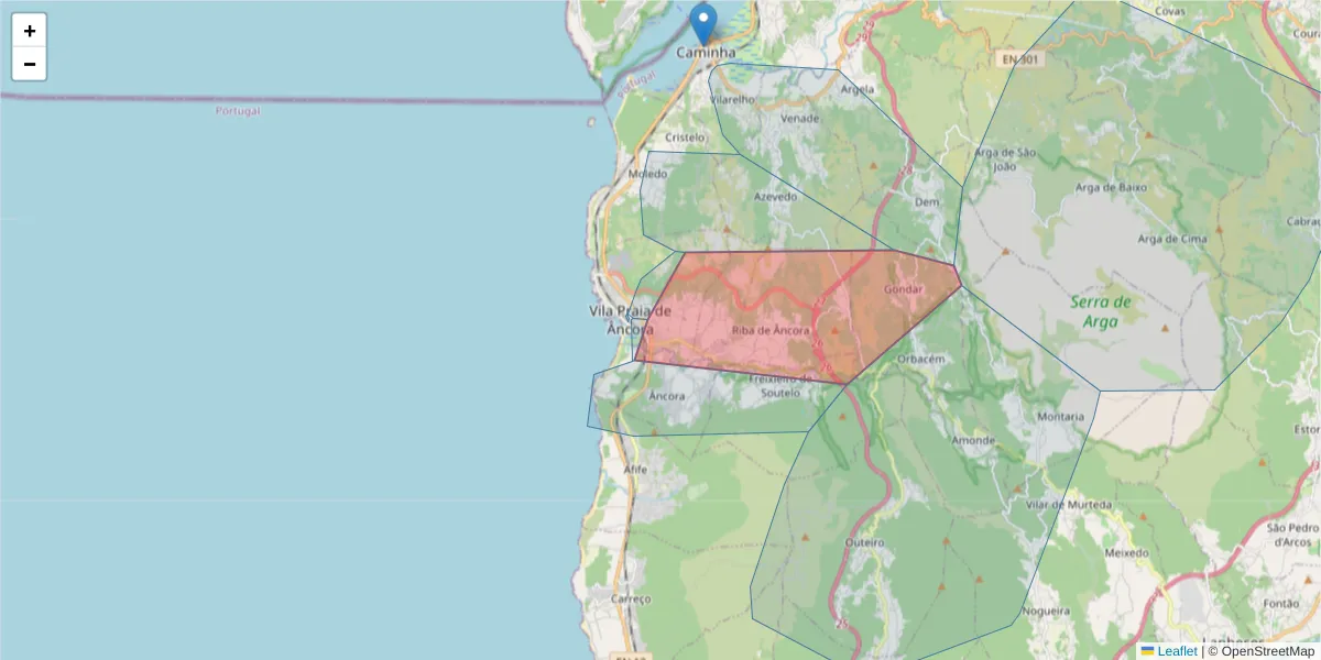Mapa detalhado do código postal 4910-578 com limites, códigos postais vizinhos e agências dos correios