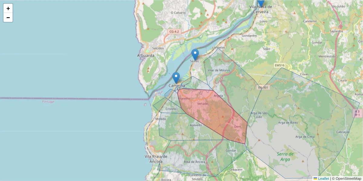Mapa detalhado do código postal 4910-604 com limites, códigos postais vizinhos e agências dos correios