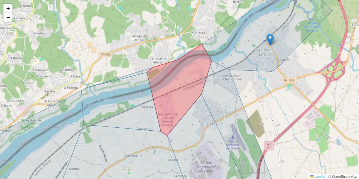 Mapa detalhado do código postal 4920-012 Campos, V.N.Cerveira com limites, códigos postais vizinhos e agências dos correios