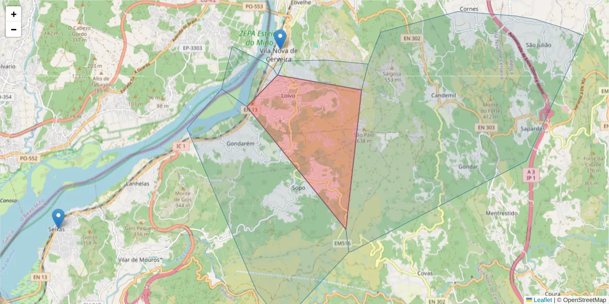 Mapa detalhado do código postal 4920-070 com limites, códigos postais vizinhos e agências dos correios