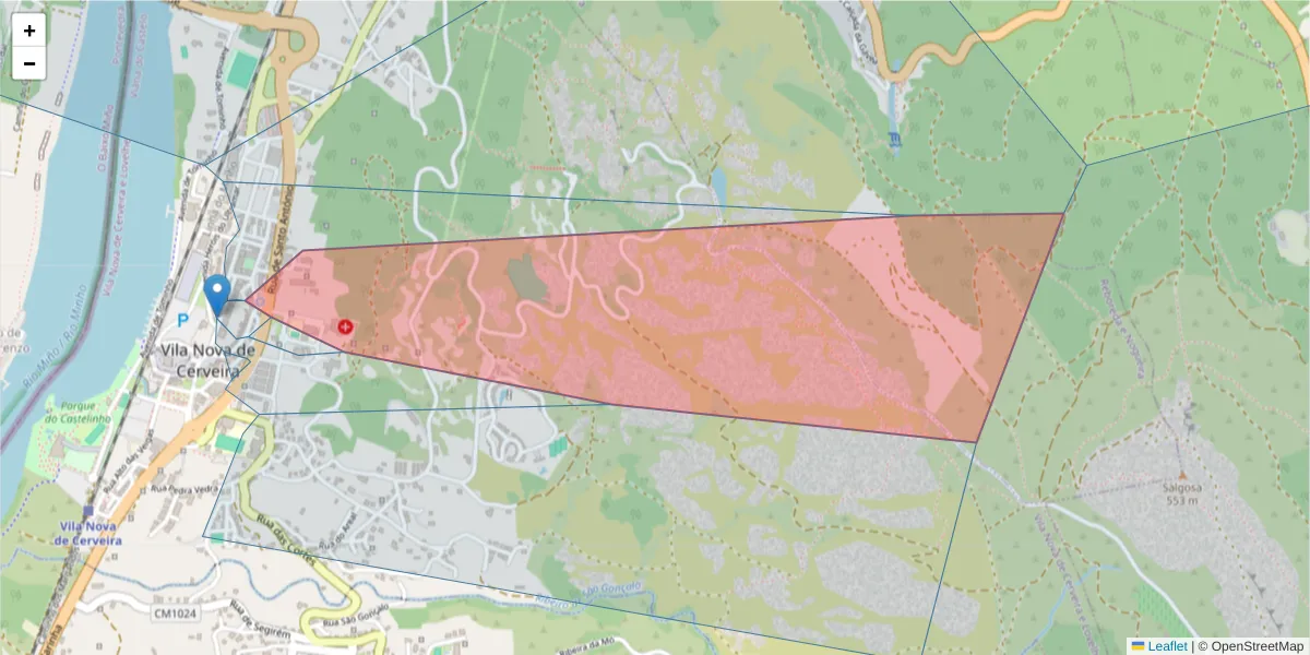 Mapa detalhado do código postal 4920-255 com limites, códigos postais vizinhos e agências dos correios