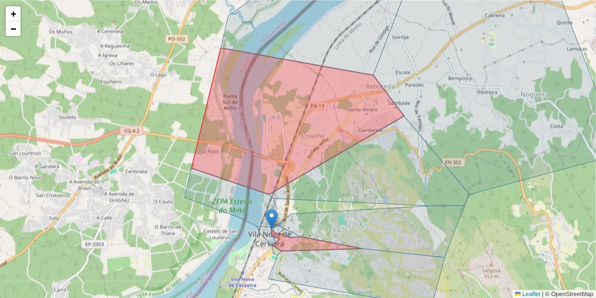 Mapa detalhado do código postal 4920 com limites, códigos postais vizinhos e agências dos correios