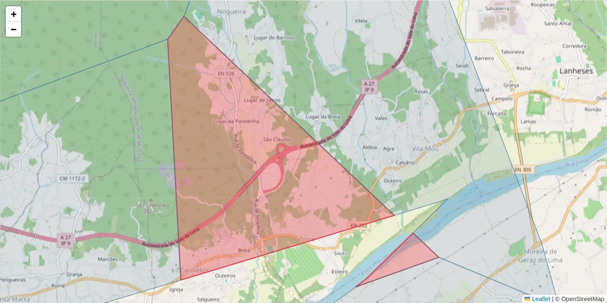 Mapa detalhado do código postal 4924-610 com limites, códigos postais vizinhos e agências dos correios