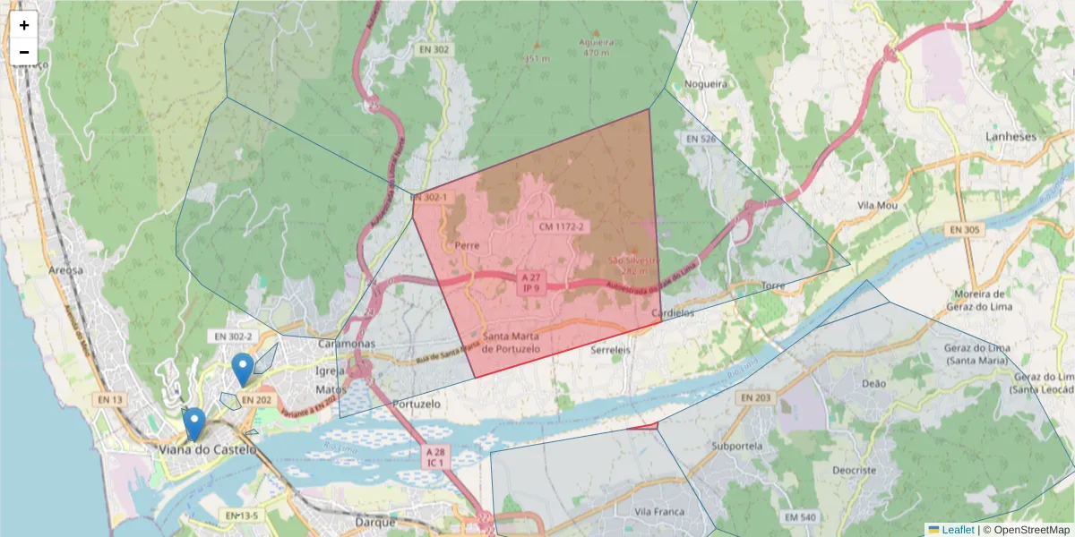 Mapa detalhado do código postal 4925-074 com limites, códigos postais vizinhos e agências dos correios
