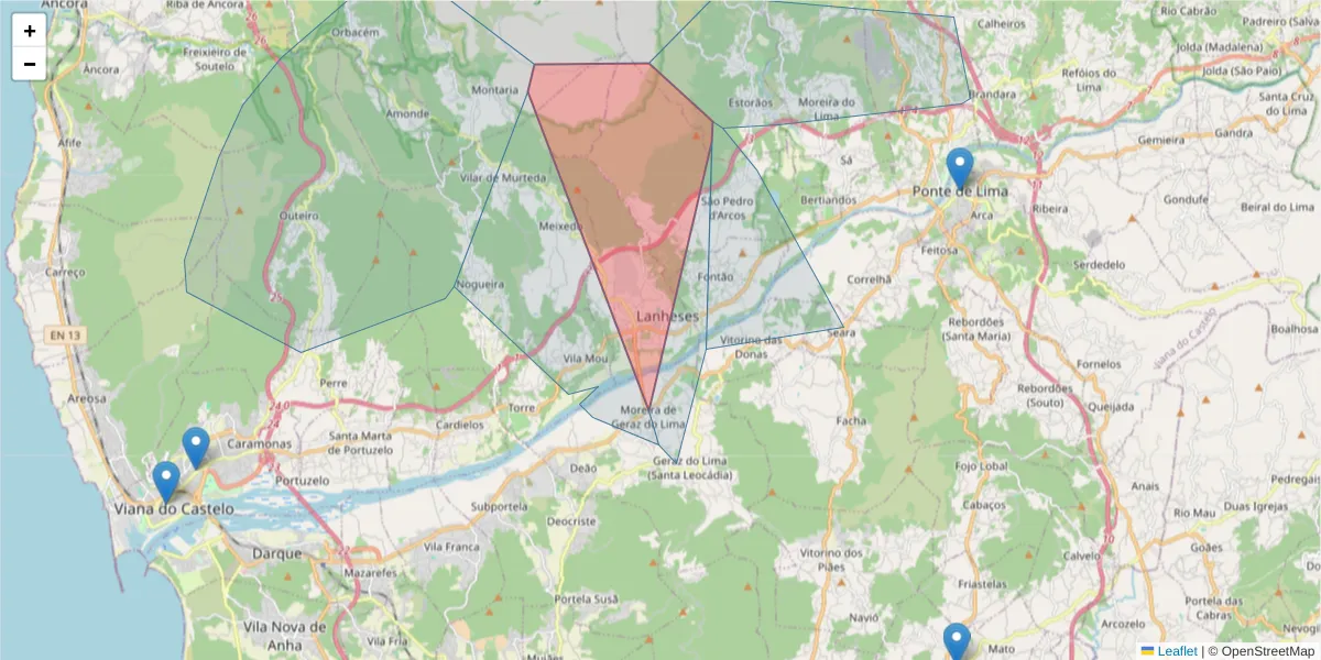 Mapa detalhado do código postal 4925-411 com limites, códigos postais vizinhos e agências dos correios